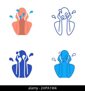Symbol für das Waschen von Gesichtes in flacher und liniverer Ausführung. Spritzwasser auf das Gesicht. Vektorgrafik. Stock Vektor