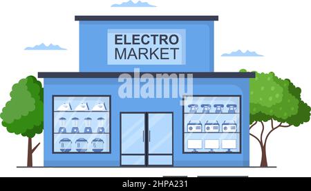 Elektronikgeschäft, das Computer, TV, Handys und den Kauf von Haushaltsgeräten in flachem Hintergrund verkauft Illustration für Poster oder Banner Stock Vektor