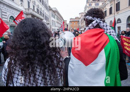 Rom, Italien. 19th. Februar 2022. Protest der palästinensischen Gemeinschaft von Rom und Latium, um die Freilassung aller palästinensischen politischen Gefangenen zu fordern, die sich derzeit in israelischen Gefängnissen befinden. (Bild: © Matteo Nardone/Pacific Press via ZUMA Press Wire) Stockfoto