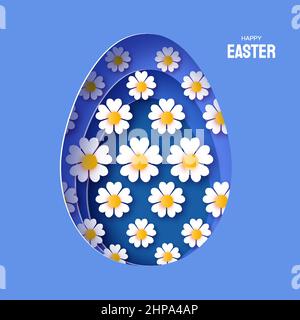 Helles Osterei mit Blumen für Grußkarten, Poster, Einladungen. Frohe Ostern Grußkarte mit niedlichem Ei im Papierschnitt-Stil. Hase im Lagenlook Stock Vektor