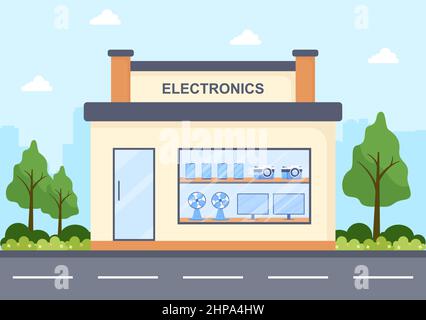 Elektronikgeschäft, das Computer, TV, Handys und den Kauf von Haushaltsgeräten in flachem Hintergrund verkauft Illustration für Poster oder Banner Stock Vektor