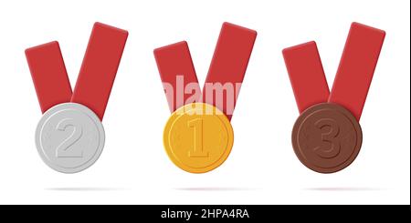 Set aus Gold-, Silber- und Bronzemedaillen mit roten Bändern, 3D Etiketten Stock Vektor