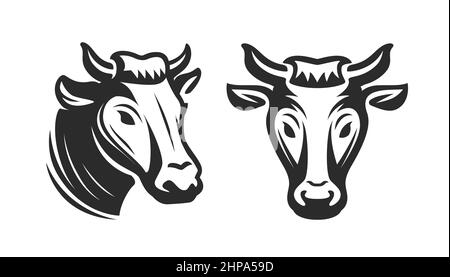 Logo des Kuhkopfes. Emblem für Metzgerei, Milchviehbetrieb, Fleischmarkt und Verpackung Stock Vektor