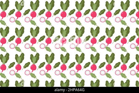 Roter Rettich im flachen Stil. Nahtloses Blumenmuster auf weißem Hintergrund. Stock Vektor