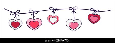 Retro Valentinstag Boho Ikone der Girlande Herzen. Love-Symbole im modischen Pop-Line-Art-Stil. Die Figur des Herzbanners in zartem Pink, Rot Stock Vektor