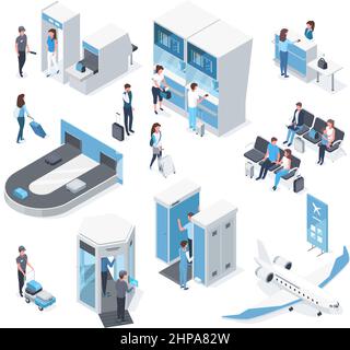 Isometrische 3D Passagiere am Flughafen, Passkontrolle und Boarding Gate. Flughafenlounge, Passkontrolle und Vektorgrafik-Set im Wartezimmer. Peopl Stock Vektor