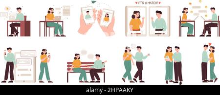 Romantisches Paar mit Dating-App, Online-Dating-Anwendung. Mobile Dating-Website, romantische Partner Online-Suche Vektor Illustration Set. Virtuell Stock Vektor
