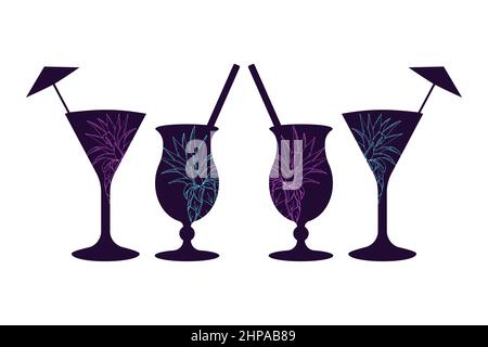 Set von Cocktails Sommer dunkle Silhouetten mit Ananas Umriss, handgezeichnete Doodle, isoliert, weißer Hintergrund. Vektorgrafik Stock Vektor