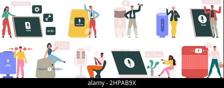 Intelligente Lautsprecher, Zeichen verwenden Sprachassistenten, intelligente Lautsprechergeräte. Digitale Sprachassistenten, Spracherkennung und intelligente Helfer Vektor illustrati Stock Vektor