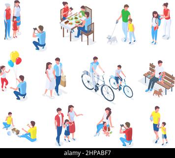 Isometrische Familie mit Kindern, Elternzeit täglich oder Urlaub Aktivitäten. Erwachsene und Ältere verbringen Zeit mit Kindern Vektor-Illustration-Set. Kinderbetreuung a Stock Vektor