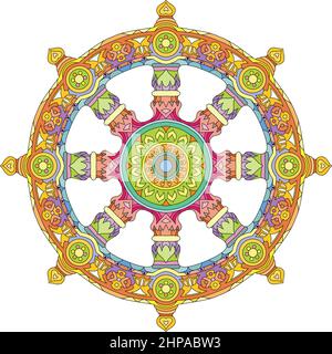 Dharma Wheel, dharmachakra. Symbol des Buddha s Lehren auf dem Pfad zur Erleuchtung, die Befreiung von den karmischen. Stock Vektor