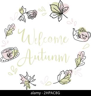 Nahtloses Muster. Herbstgelbe Blätter und Kuchen mit einer Tasse Kaffee. Stock Vektor