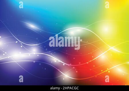 Abstrakter, farbenfroher Hintergrund mit hellen Linien, Sternen, gradienten Wellen, geometrischen Formen, dynamischen Formen. Design für Poster, Banner, Karte. Vektor Stock Vektor