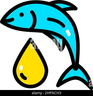 Symbol für Fischöl. DROPS and Fish-Logo. Flacher Stil Dorsch Leberöl Zeichen. Fettöltropfen mit Fisch. Behandlung Ernährung, Gesundheitsversorgung und Vektor-Design. Stock Vektor