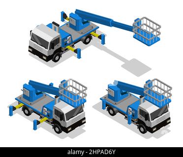 Isometrische Maschine mit Teleskopausleger zum Heben von Arbeitern im Korb in die Höhe. Transport für Arbeiten in großer Höhe. Realistischer 3D-Vektor isoliert auf whit Stock Vektor
