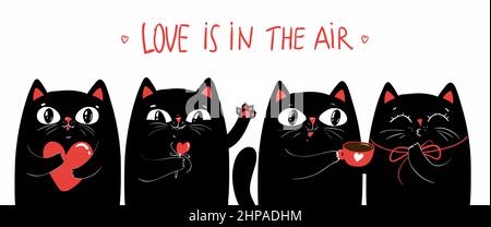 Romantische Grußkarte mit Kawaii schwarzen Katzen und roter Tasse mit Herz. Niedliches Bekleidungsmuster. Perfekt für Web-Banner, Website, valentinstag Banner, g Stock Vektor