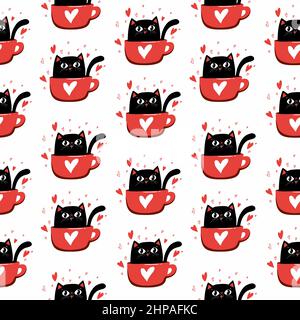 Valentinstag nahtloses Musterdesign mit schwarzem Katzencharakter, Katze mit rotem Herz im ternden Kawaii-Stil. Weißer isolierter Hintergrund Stock Vektor