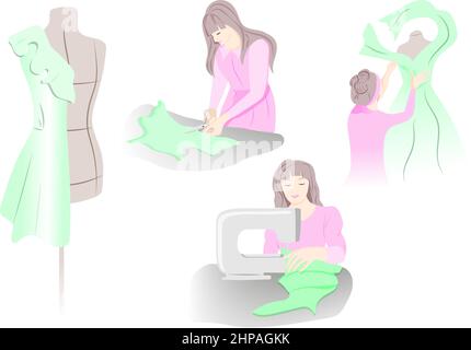 Schneiderfaden mit Nadel halten, lächelnd. Stoffschnitt, Muster, Nähmaschine, Schaufensterpuppe, Schere, Spulen auf dem Arbeitstisch. Vektor Cartoon Fla Stock Vektor
