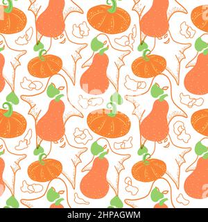 Leuchtendes stilisiertes Kürbis-Nahtloses Muster. Herbstkürbisse mit Erbsen. Halloween. Oktober. Feiert alle Toten. Geeignet für Textilien, Verpackungen Stock Vektor