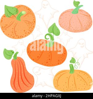 Helle, stilisierte Kürbisse auf einem Hintergrund mit Geistern. Herbstkürbisse mit Erbsen. Halloween. Oktober. Feiert alle Toten. Geeignet für Poster, illu Stock Vektor