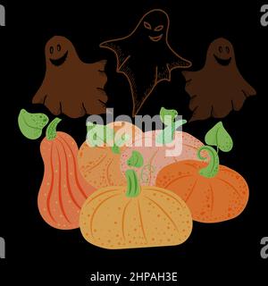 Banner für den Urlaub auf schwarzem Hintergrund. Kürbisse mit Geistern. Oktober. Halloween-Parfüm. Der Vektor ist in einem flachen Stil gemacht. Geeignet für postc Stock Vektor
