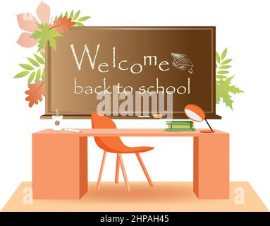Postkarte zum Tag des Wissens. Schulrat mit Herbstblättern. Vektor im Cartoon-Stil. Herbst. Inschrift zurück zur Schule. Geeignet für illu Stock Vektor
