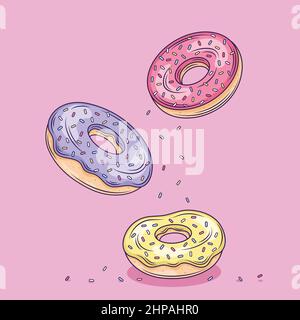 Fliegende Donuts Cartoon Vektor-Symbol Illustration. Stock Vektor