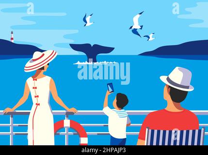 Familien beobachten Whale Tail in Ocean flach Tourist Vektor-Poster. Menschen auf Wal beobachten Bootstour Cartoon-Illustration. Sommer Badeurlaub Stock Vektor