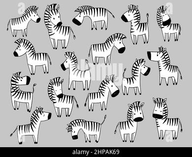 Lustige Tiere. Herde Zebras im Doodle-Stil. Schwarz-Weiß-Vektorgrafik Stock Vektor