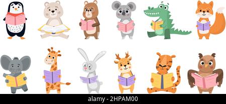Tierbuchliebhaber, Lesefuchs, Bär und Kaninchen. Intelligente Tiere lernen durch Lesen Bücher Vektor Illustration Set. Tiere lesen gerne Bücher. Zeichentrick A Stock Vektor