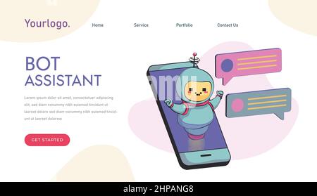 Chatbot-Konzept. AI-Roboterassistent, Online-Kundenbetreuung. Chatten mit Chatbot-App. Moderne flache Cartoon-Stil. Roboter virtuellen Assistenten Website oder Stock Vektor