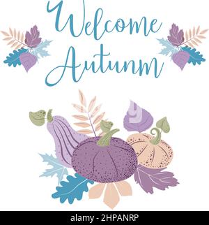 Danksagungsbanner. Kürbisse und Herbstblätter in einer ungewöhnlich ruhigen Palette. Zusammensetzung von purpurnen Kürbissen. Der Vektor ist in einem flachen Stil gemacht. Suitab Stock Vektor