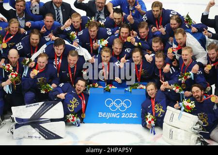 Peking, China. 20th. Februar 2022. Finnlands Team Group (FIN) Eishockey : Medaillenzeremonie der Männer während der Olympischen Winterspiele 2022 in Peking im National Indoor Stadium in Peking, China . (FOTO YUTAKA/AFLO SPORT) Stockfoto