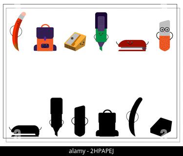 Ein Puzzle-Spiel für Kinder, um den richtigen Schatten zu finden. Cute Cartoon Schule liefert. Vektor auf weißem Hintergrund isoliert Stock Vektor