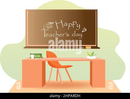 Happy Teacher's Day Konzept. Lehrerbüro. Brett und Tisch mit Stuhl. Schule und Ausbildung. Schulbedarf. Niedliche Vektorgrafik in flacher ca. Stock Vektor