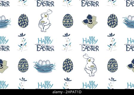 Ostern Vektor nahtloses Muster. Hase, Schriftzug Frohe Ostern mit Osterhasen Ohren, Kuchen, Eiern und Blumen. Stock Vektor