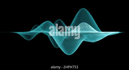 Wireframe-Wellenform, abstrakte Visualisierung türkisfarbener Schallwellen oder akustisches Equalizer-Konzept mit selektivem Fokuseffekt und Kopierraum Stockfoto