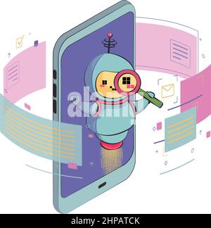 Maskottchen des kleinen fliegenden Roboters. Service Support Center. Chat bot. Zoom-Suche. Für alle Aufgaben. Cartoon-Vektor-Illustration. Stock Vektor