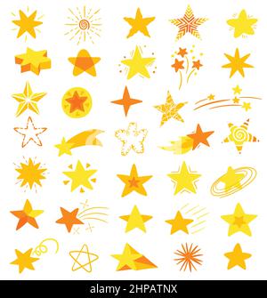 Set von handgezeichneten, flachen farbigen kosmischen Elementen, Sternen und Kometen auf weißem Hintergrund. Stock Vektor