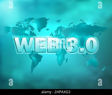 WEB 3,0 Text-Banner mit Weltkarte auf türkis hell leuchtenden Hintergrund Vektor Stock Vektor