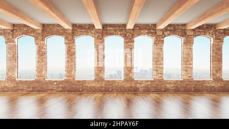 Loft Studio Interieur in altem Haus. Große Fenster, rote Ziegelwand. 3D Rendern. Stockfoto