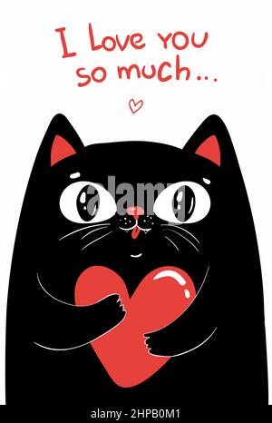 Niedliche schwarze Katze Charakter hält rote Herz. Lustige Cartoon Katze für Valentinstag. Grußkarte, Banner, Poster, Druckdesign und andere, Babyprint Stock Vektor