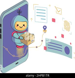 Chatbot auf weißem Hintergrund isoliert. Der bot hält die Box und hilft bei der Lieferung der Pakete. Chatbot-Kundendienst. Flache Vektorgrafik Stock Vektor