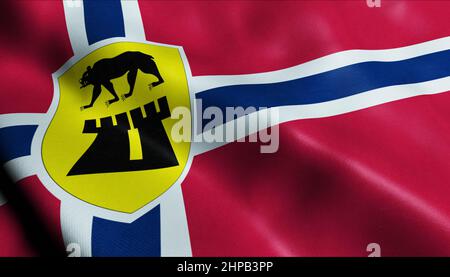 3D Illustration der wehenden norwegischen Stadtflagge der Sarpsborg kommune Stockfoto