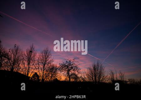 Dawn Himmel im Winter mit Flugzeug contrails, Großbritannien Stockfoto