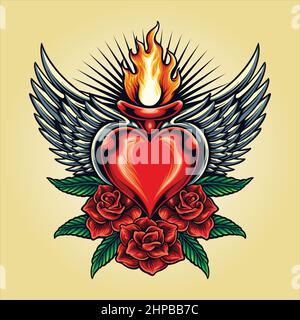 Herzliebe fliegen mit Rosenblüten Vektor-Illustrationen für Ihre Arbeit Logo, Maskottchen Merchandise T-Shirt, Aufkleber und Label-Designs, Poster Stock Vektor