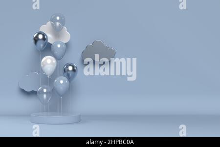 3D glänzende Ballons mit Podium und Wolken. Stockfoto
