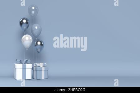 3D glänzende Luftballons mit Geschenkschachteln. Stockfoto