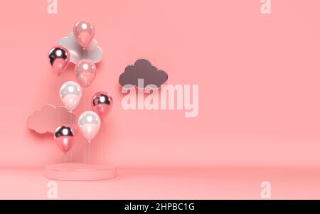 3D glänzende Ballons mit Podium und Wolken. Stockfoto