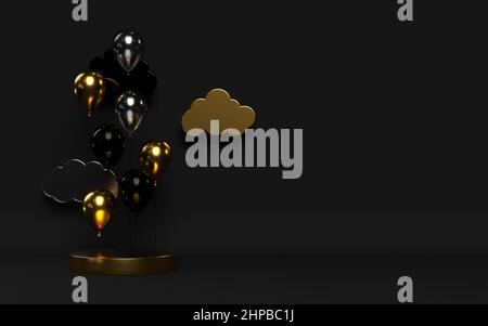 3D glänzende goldene Ballons mit Podium und Wolken. Schwarzer Gold Hintergrund für Black Friday, Jubiläum, Verkauf. 3D Darstellung mit Kopierplatz Stockfoto